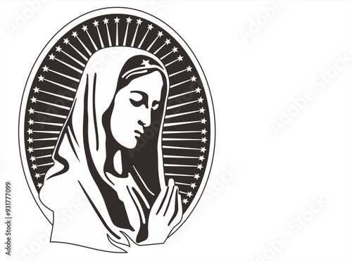 icon with praying Virgin Mary. Hand drawn outline design element for manger nativity and Christmas