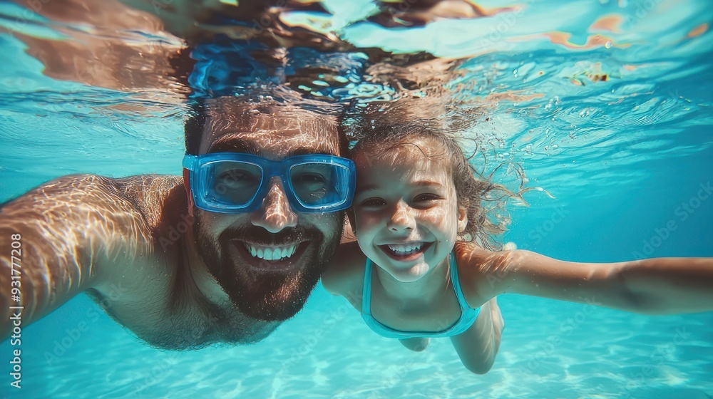 Fototapeta premium Father & daughter swimming underwater in a pool on summer vacation. Googles water action shot. Happy family on holiday. Learning to swim. Blue Father's day banner concept