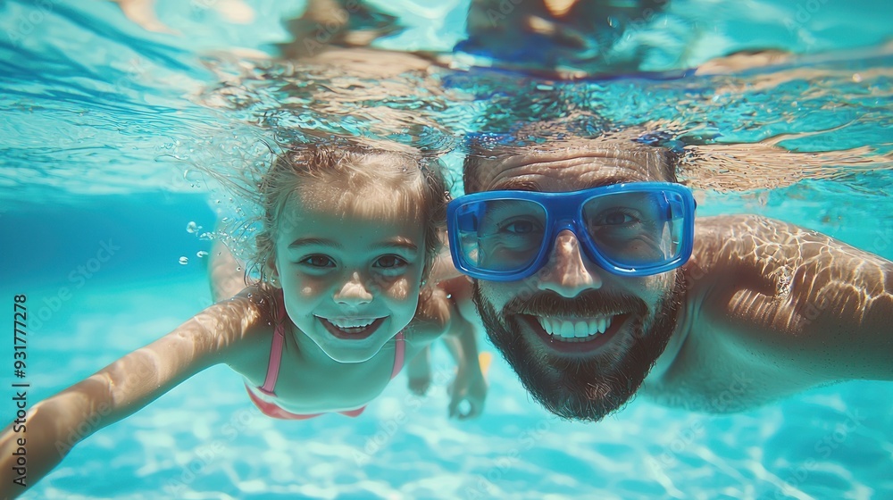 Naklejka premium Father & daughter swimming underwater in a pool on summer vacation. Googles water action shot. Happy family on holiday. Learning to swim. Blue Father's day banner concept 