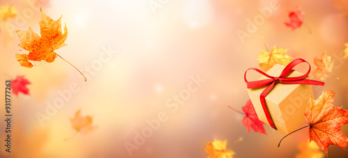 autumn background with levitating gift box and maple leaves