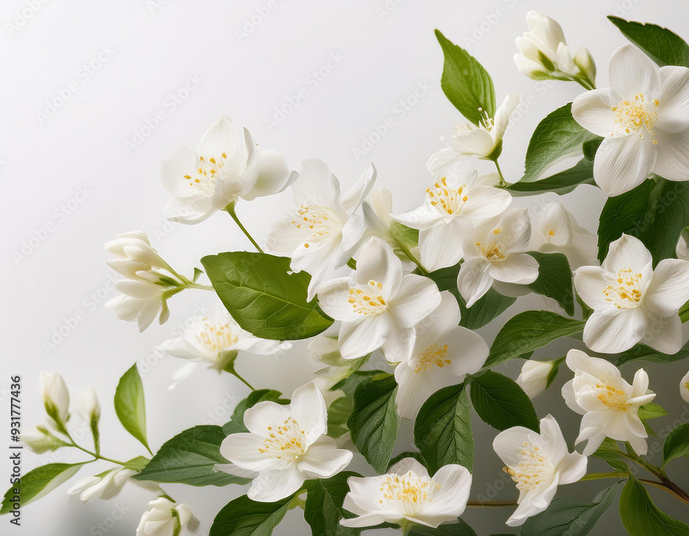 Obraz premium Exquisite jasmine blooms fill the air against a pristine white backdrop.