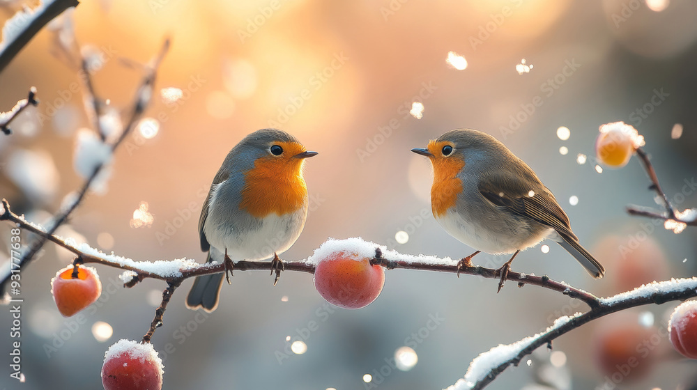 two little birds standing on a branch of an open plum tree, with snowflakes in the background, winter two little birds standing on a branch of an open plum tree, with snowflakes in the background, winter