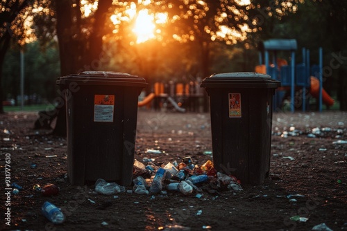 Overflowing Garbage Bins in City Park with Copy Space photo