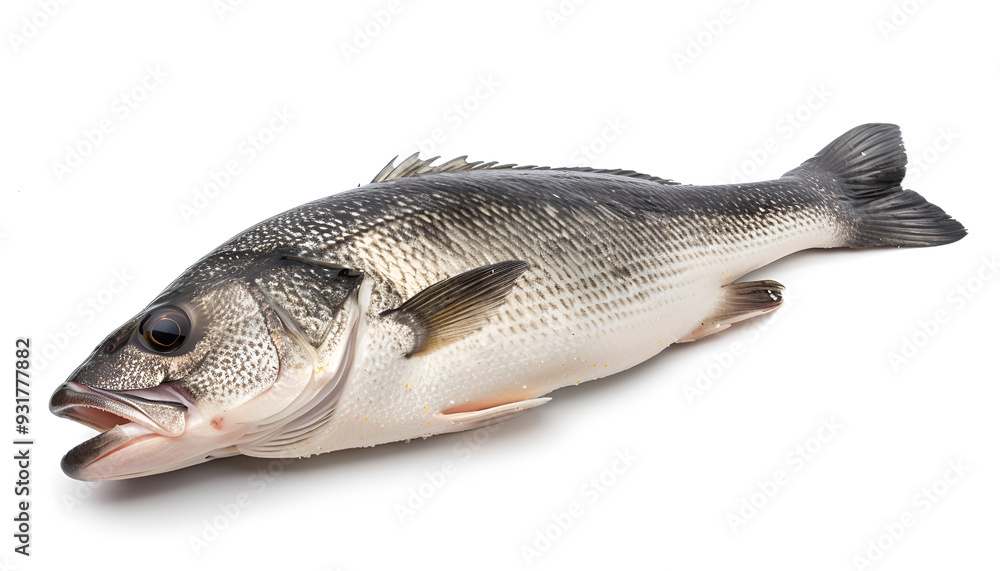 Raw seabass. One fresh sea bass fish isolated on white background with clipping path Raw seabass. One fresh sea bass fish isolated on white background with clipping path