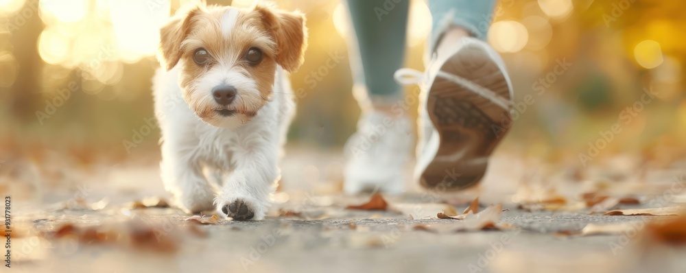 Jogging with a pet dog, depicting companionship and activity close up pet fitness whimsical Manipulation neighborhood park backdrop