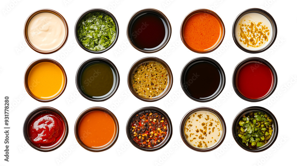 Set of different sauces isolated on white background, top view Set of different sauces isolated on white background, top view