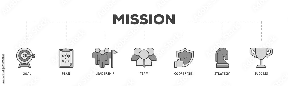 Mission icons process structure web banner illustration of goal, plan, leadership, team, cooperate, strategy and success icon png transparent background. Mission icons process structure web banner illustration of goal, plan, leadership, team, cooperate, strategy and success icon png transparent background.