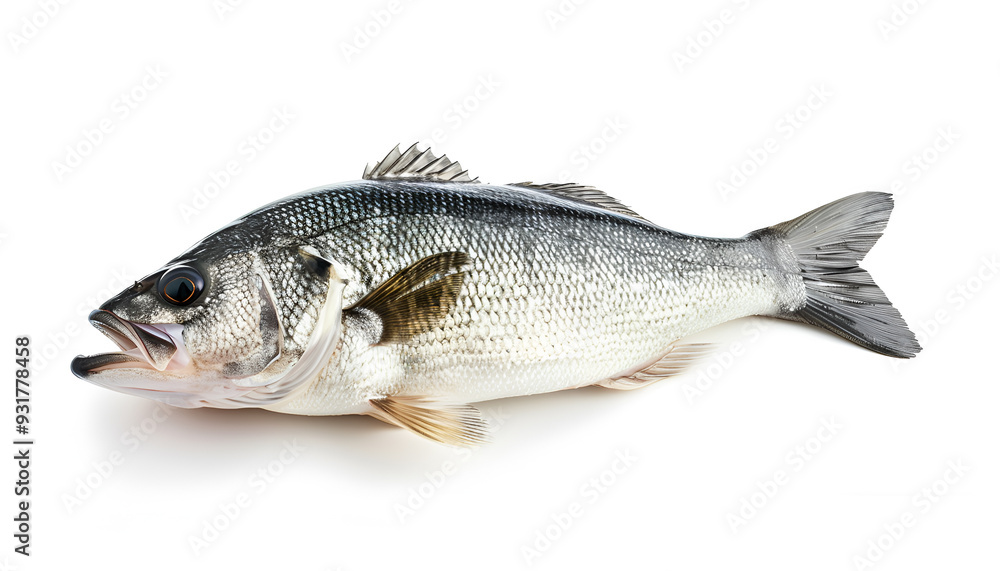 Raw seabass. One fresh sea bass fish isolated on white background with clipping path Raw seabass. One fresh sea bass fish isolated on white background with clipping path