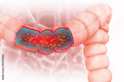 Visual concept of Bacterial infection of the colon, colon cancer. 3d illustration