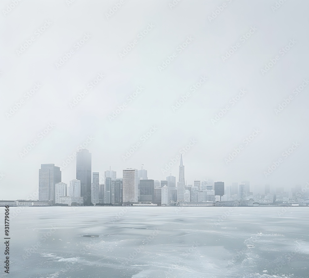 Fototapeta premium White background, San Francisco skyline in the distance, frozen lake with foggy cityscape, soft grey sky, muted color tones, minimalist, monochromatic, 