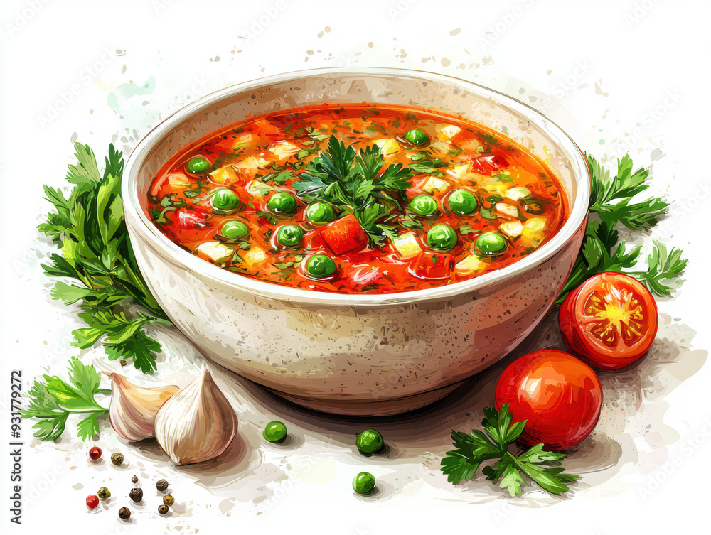 A colorful bowl of healthy vegetable soup garnished with fresh parsley, featuring peas, tomato, garlic, and extra ingredients. A colorful bowl of healthy vegetable soup garnished with fresh parsley, featuring peas, tomato, garlic, and extra ingredients.