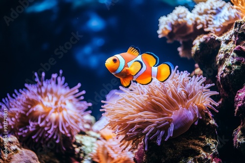 A clownfish swims between corals and sea anemones in this vibrant underwater scene.