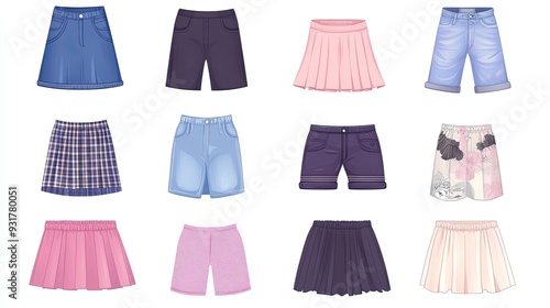 Set of different types of shorts and skirts for women isolated on white background.