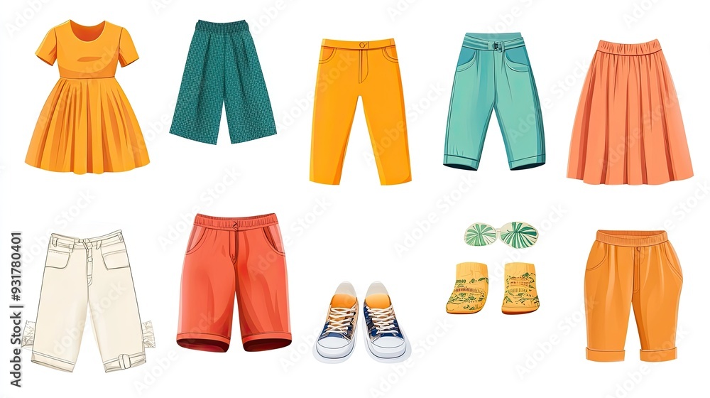 Set of summer clothes including a yellow dress, teal and orange pants, a white skirt, orange, red and blue shorts, yellow shoes, sandals and sunglasses. Set of summer clothes including a yellow dress, teal and orange pants, a white skirt, orange, red and blue shorts, yellow shoes, sandals and sunglasses.