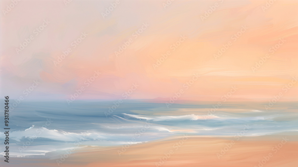Obraz premium Scenic Ocean Sunset with Soft Pastel Colors Capturing Gentle Waves and Serene Beach in Impressionist Style