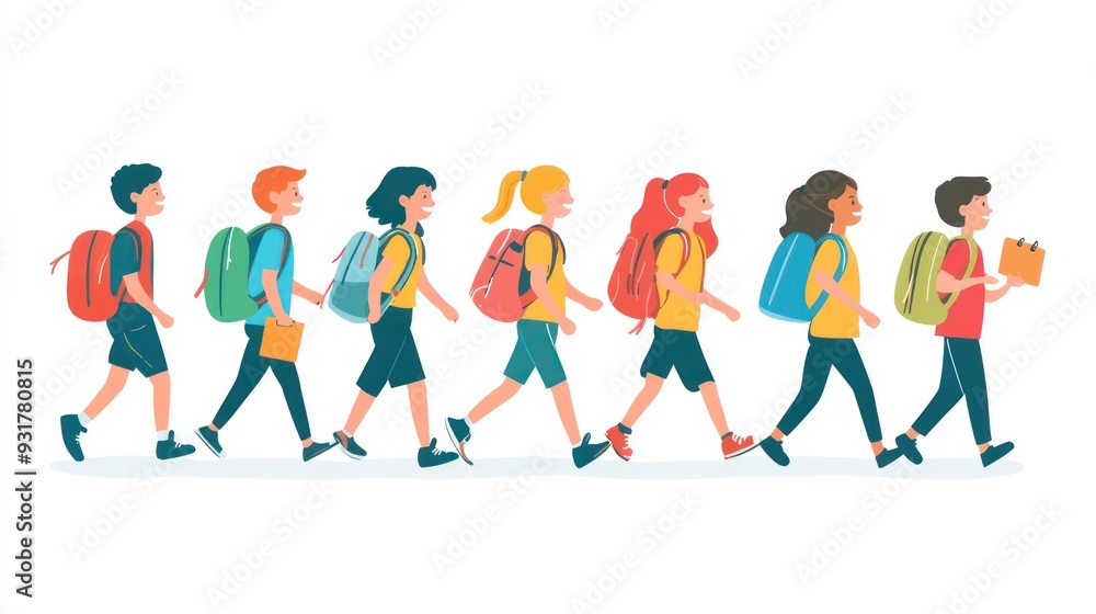 Back to school concept, happy group of children walking to school. Young girls & boys with backpacks & rucksacks. Inclusive positive education banner Back to school concept, happy group of children walking to school. Young girls & boys with backpacks & rucksacks. Inclusive positive education banner