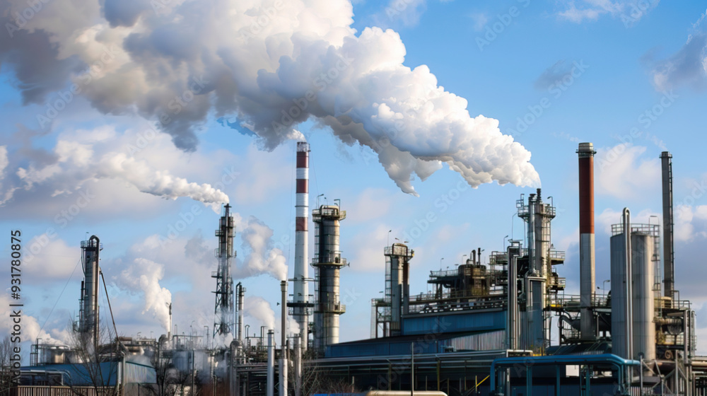 Big oil refinery or industrial plant emitting carbon into air Big oil refinery or industrial plant emitting carbon into air