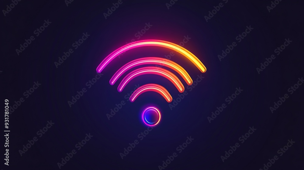 Neon glowing wifi symbol on a dark blue background. Neon glowing wifi symbol on a dark blue background.