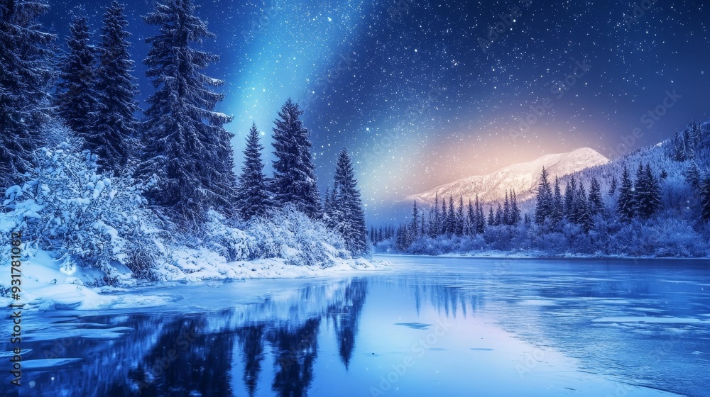 Fototapeta premium Mesmerizing winter landscape frozen lake, snow draped trees, and starry sky with aurora borealis