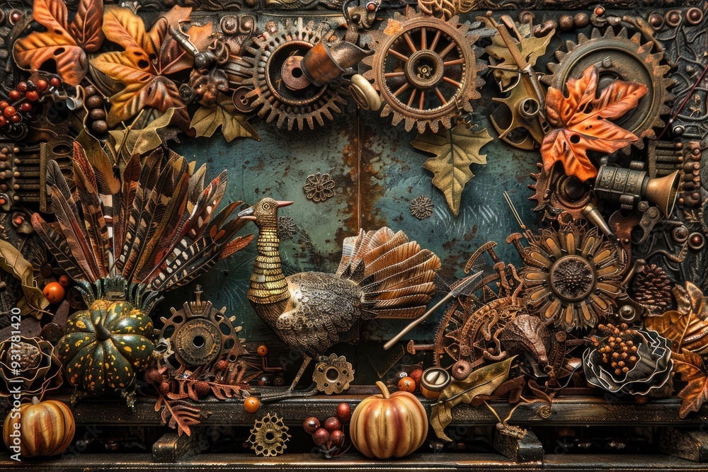Fototapeta premium A unique banner that combines Thanksgiving elements with a steampunk aesthetic, featuring gears, cogs, and Victorian - era details