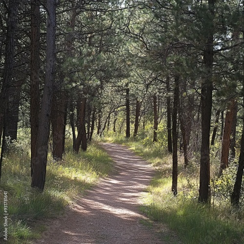 A winding footpath leads through a lush green forest, sunlight dappling the leaves as it filters through the canopy