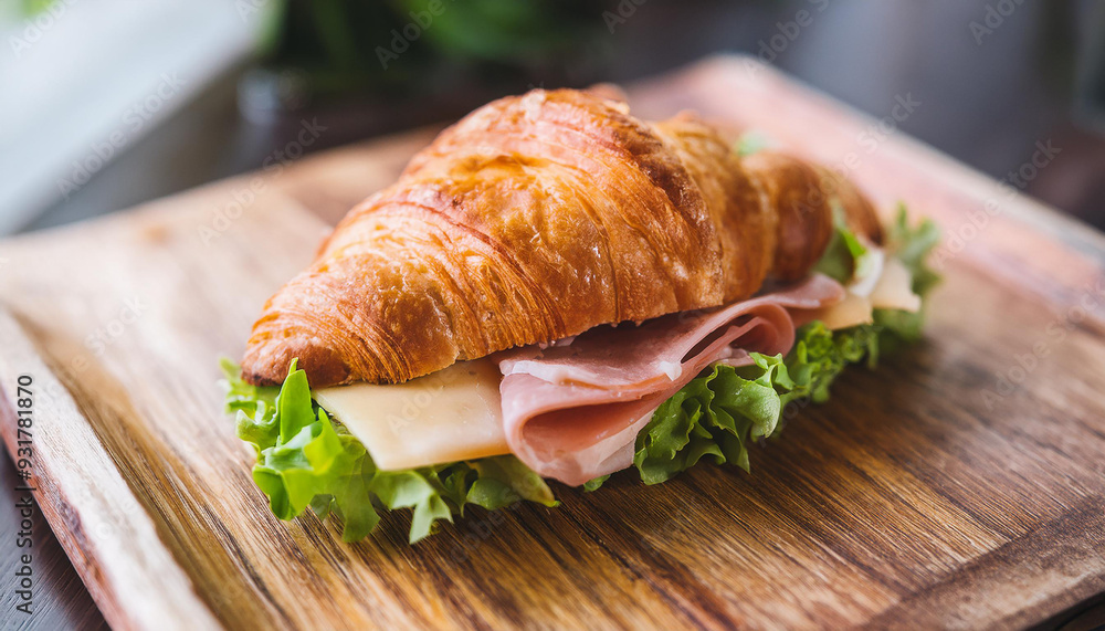 Fresh croissant with ham and cheese. Tasty food on wooden desk in cafe. Gourmet breakfast. Fresh croissant with ham and cheese. Tasty food on wooden desk in cafe. Gourmet breakfast.