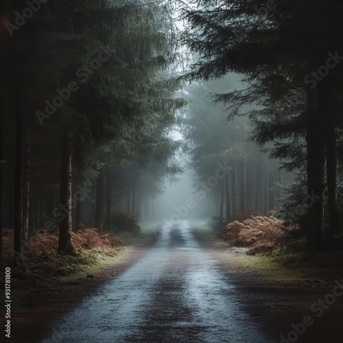 Foggy forest road surrounded by pine trees photo