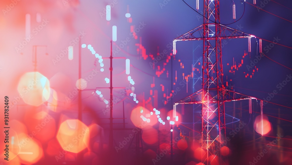 A stock market graph with an electric tower in the background, indicating high energy pole depths and challenges for growth and support of electricity. A stock market graph with an electric tower in the background, indicating high energy pole depths and challenges for growth and support of electricity.