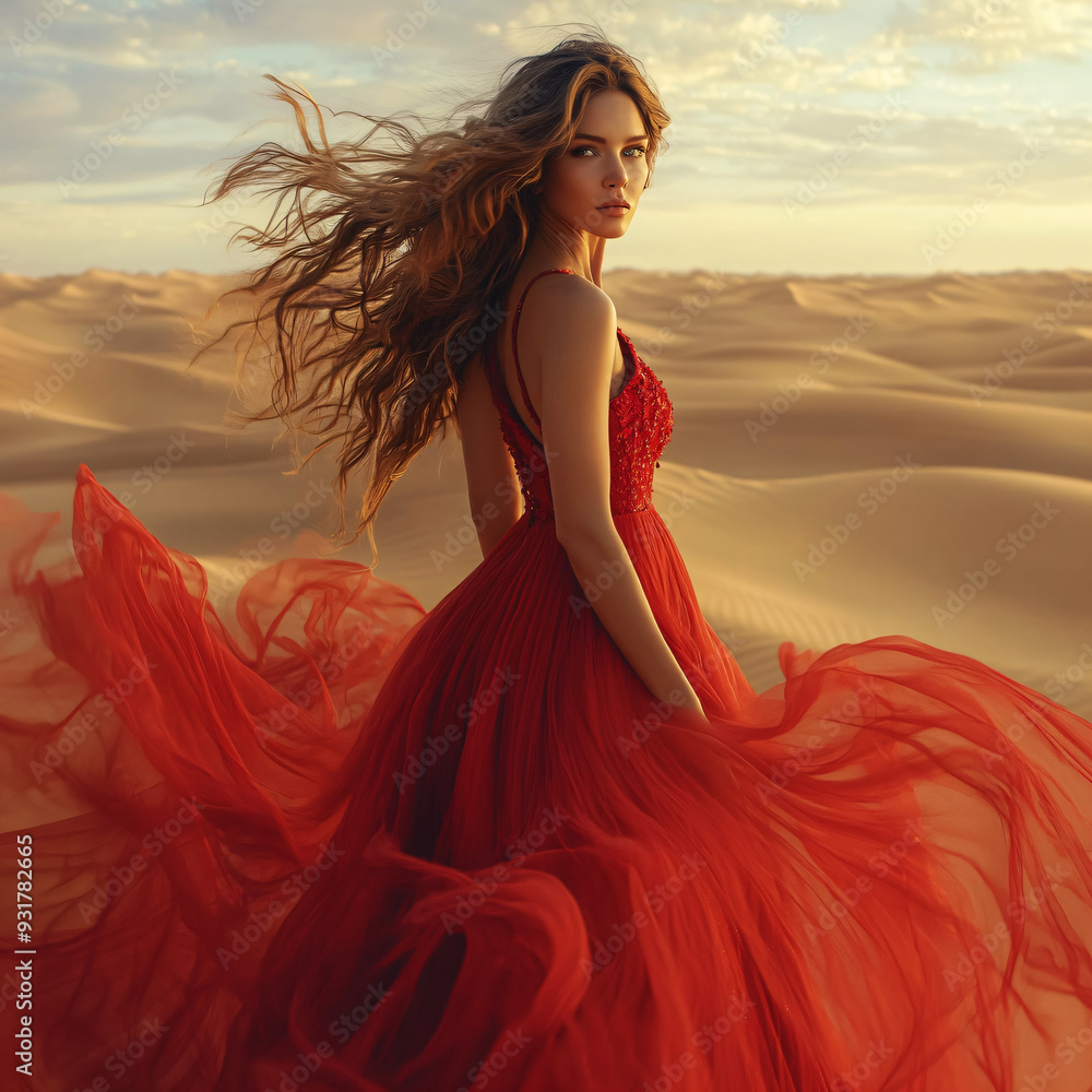 beautiful woman in a long red dress stands in the middle of a desert landscape with high sand dunes beautiful woman in a long red dress stands in the middle of a desert landscape with high sand dunes
