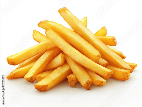 A delicious stack of golden, crisp French fries. Perfectly fried potato sticks, ready to be enjoyed as a tasty snack or side dish.