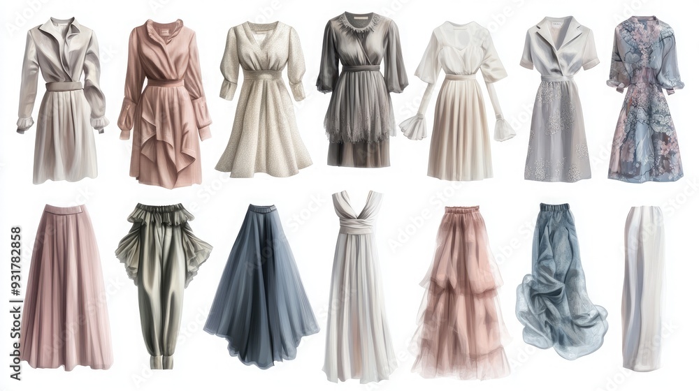 12 Different Dresses, Skirts, and Pants with Various Styles and Colors in Watercolor Style. 12 Different Dresses, Skirts, and Pants with Various Styles and Colors in Watercolor Style.