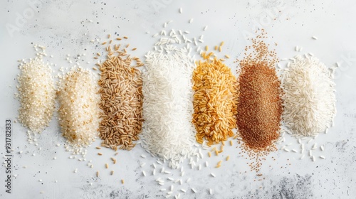 various varieties of rice on a light background, including jasmine, basmati, wild rice, risotto and parboiled red, white, brown and black. Healthy carbohydrates photo