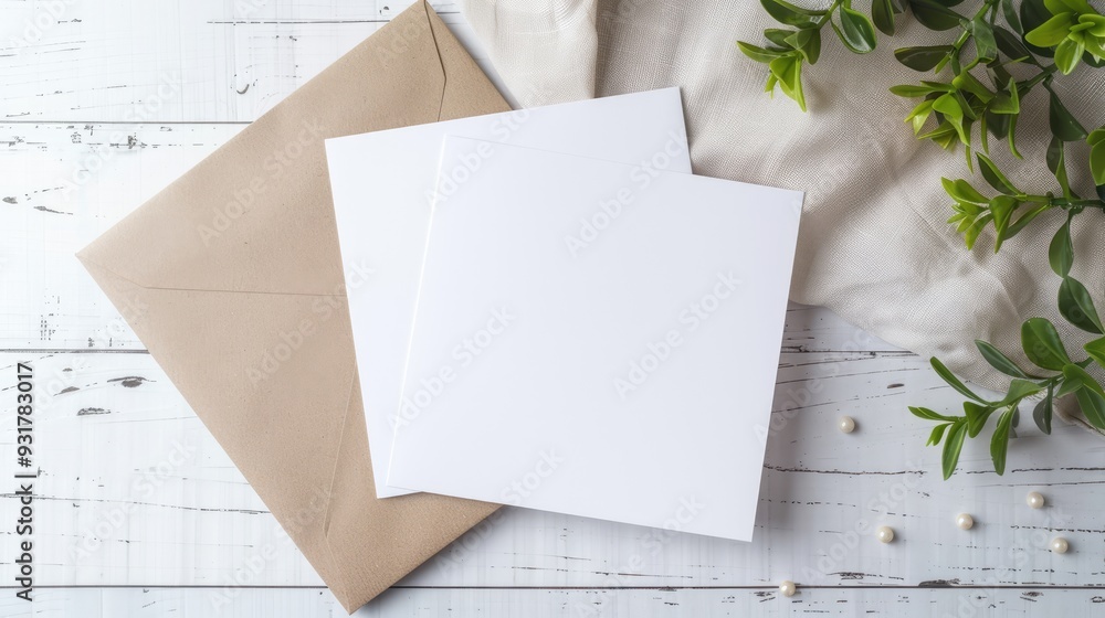 Card mockup, white blank wedding invitation with floral decor on bue wooden background. Greeting card mockup with white dried flowers on table Card mockup, white blank wedding invitation with floral decor on bue wooden background. Greeting card mockup with white dried flowers on table