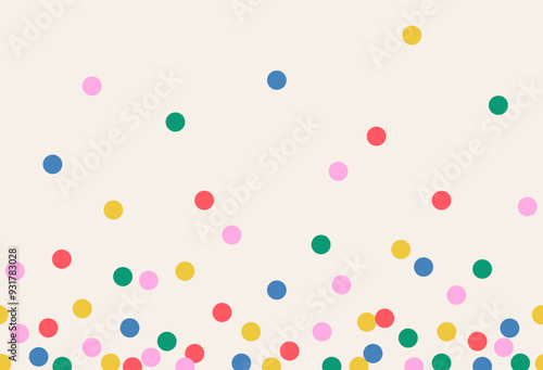 Seamless abstract pattern, background of multicolor falling confetti, polka dots on a light background, flat style