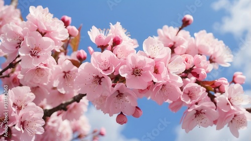 Soft pink cherry blossoms under a blue sky, serene and beautiful.