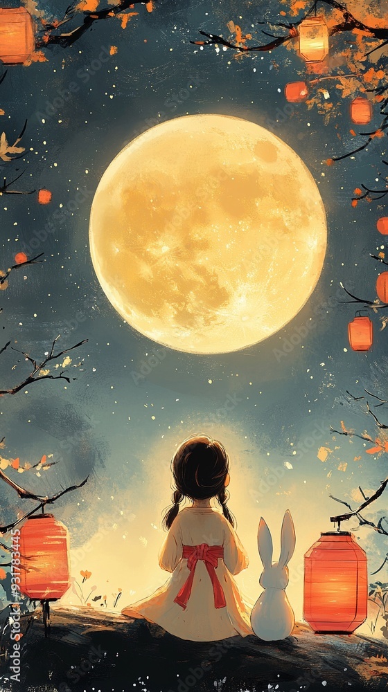 Cute little girl wearing Chinese style cloth, admiring the moon with rabbit. Cute little girl wearing Chinese style cloth, admiring the moon with rabbit.