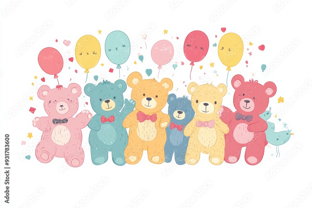 Obraz premium colorful teddy bears, each with unique expressions and accessories, gathered together in a playful arrangement with festive balloons and ribbons celebrating Teddy Bear Day Flat illustration