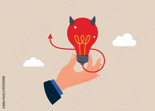 Hand holding devil lightbulb doubting it bad idea. Bad idea cause problem and failure, poor idea or stupid mistake, disappointment from rejected, evil and negative opinion. Flat vector illustration