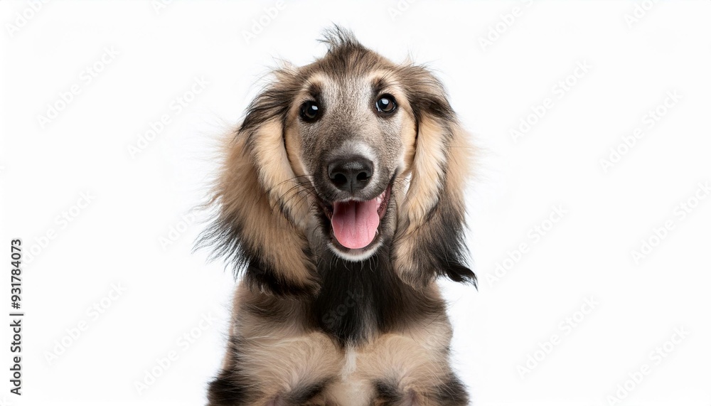 Fototapeta premium 笑顔のアフガン・ハウンドの子犬のポートレート（Portrait of a smiling Afghan Hound puppy on white background） 