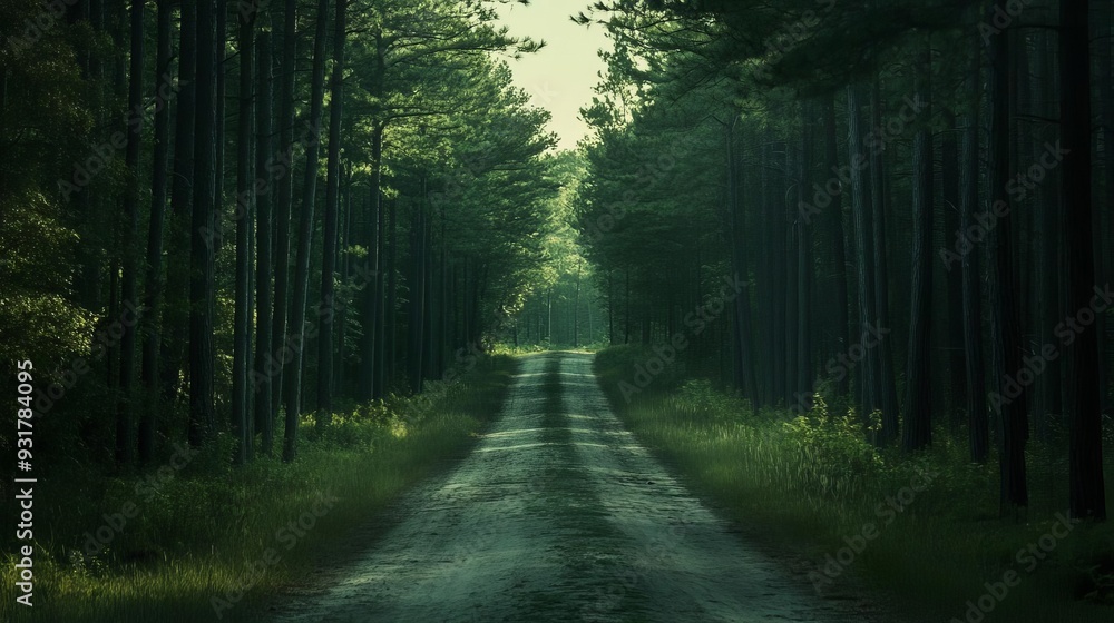 A winding dirt path leads through a lush green forest, sunlight filtering through the dense canopy of trees A winding dirt path leads through a lush green forest, sunlight filtering through the dense canopy of trees