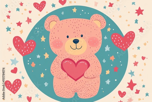 valentines day. teddy bear greeting card sweet simple flat illustration, with a cute teddybear holding a heart, surrounded by hearts and stars, and a message wishing a happy toy Teddy Bear Day