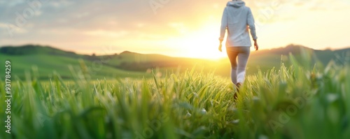 Show a jogger running through a picturesque countryside with rolling hills focus on, nature escape, ethereal, Multilayer, countryside backdrop photo