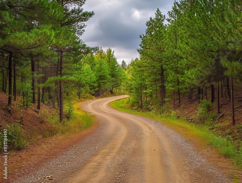 Picturesque country path winds through lush green forest under a clear blue sky