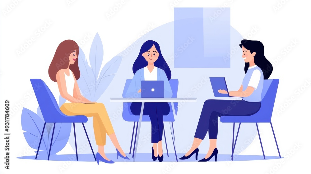 Three women sitting at a table with laptops and talking, AI Three women sitting at a table with laptops and talking, AI