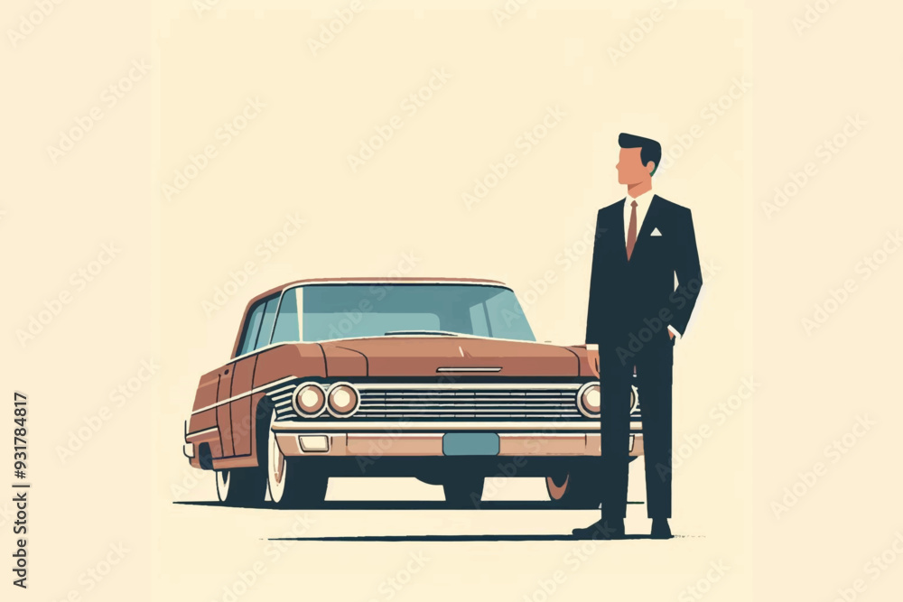 illustration of a businessman standing in front of a classic old car against a sunset background, a sign of glory and achievement of success illustration of a businessman standing in front of a classic old car against a sunset background, a sign of glory and achievement of success