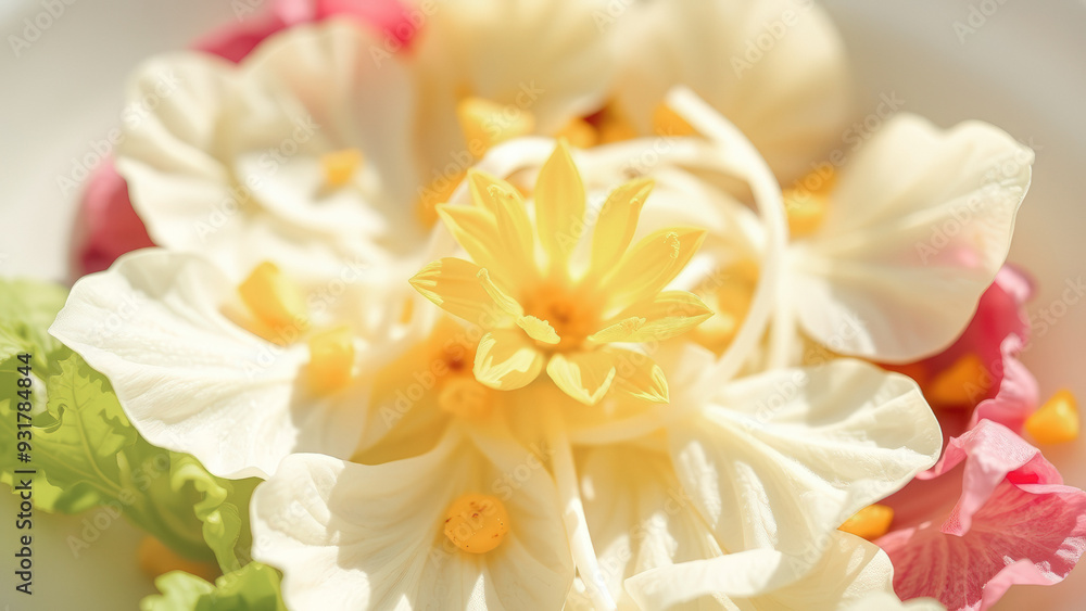 Close-up of Yellow Flower Petals with White and Pink Flower Petals in Background Close-up of Yellow Flower Petals with White and Pink Flower Petals in Background