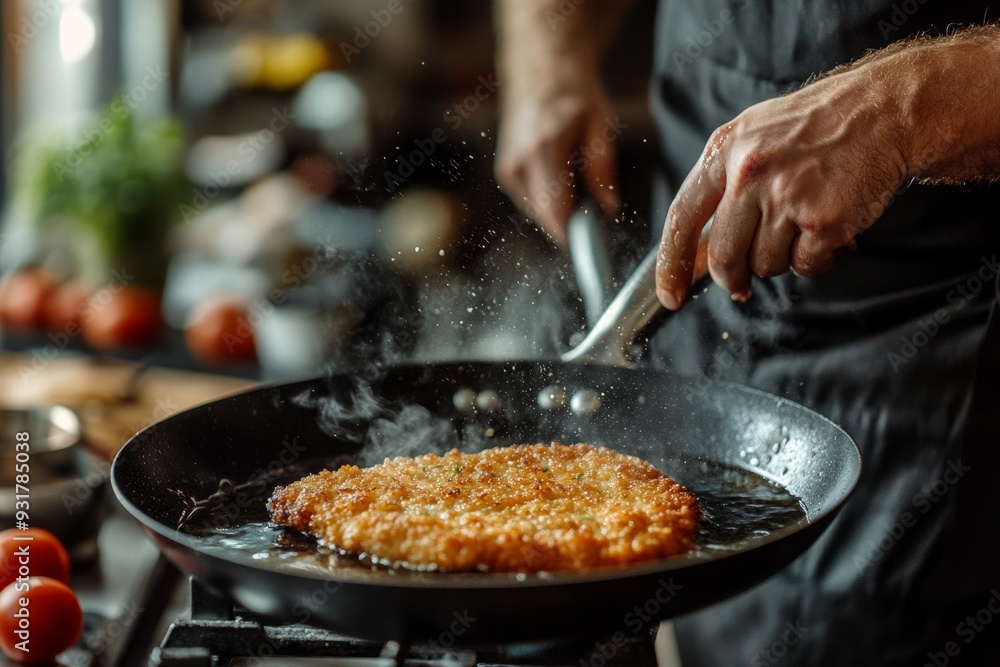 chef frying Wiener Schnitzel in a pan, with the breaded cutlet sizzling in oil, capturing the cooking process in a cozy kitchen setting, highlighting the texture and aroma chef frying Wiener Schnitzel in a pan, with the breaded cutlet sizzling in oil, capturing the cooking process in a cozy kitchen setting, highlighting the texture and aroma