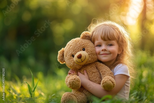 girl hugging a beloved teddy bear, captured outdoors in a lush green park, with sunlight filtering through the trees, conveying a sense of joy and companionship