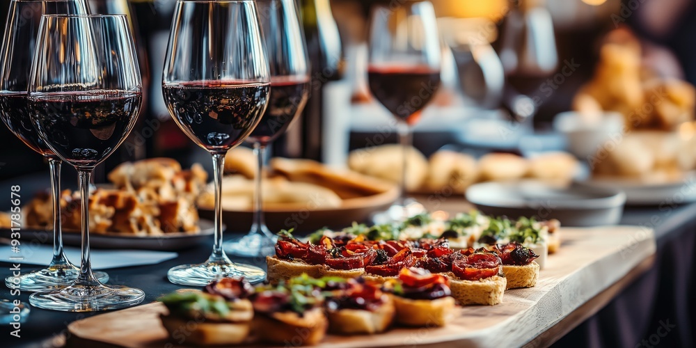 Fototapeta premium Corporate meeting night table with delicious appetizers and red wine in wine glasses