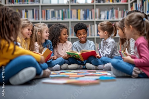 diverse children sitting in a circle, eagerly reading colorful books in a cozy library setting, with shelves full of books in the background, highlighting the joy of reading